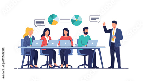 Experienced manager leads a corporate presentation for his team of employees who are working on laptops at a long conference table.