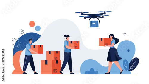 Logistics team manages parcel shipments while a delivery drone flies overhead to transport a package in a modern warehouse setting.