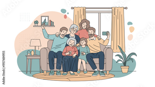 Large multi-generational family smiles together for a group selfie while sitting on a comfortable sofa in their cozy living room.