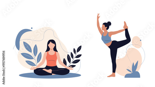 Two women practice yoga and stretching exercises to maintain their physical health and mental balance in a minimalist setting.