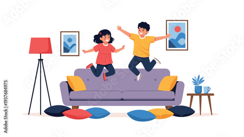 Energetic boy and girl have fun jumping on a sofa in a living room filled with cushions and colorful wall art during playtime.