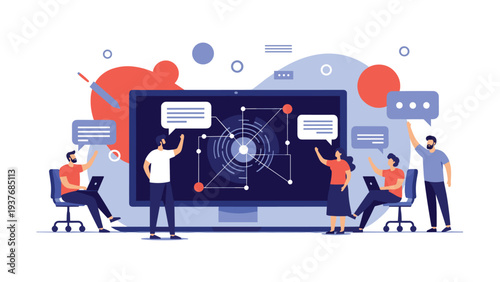 Creative technology team collaborating on a digital project around a large computer monitor displaying a complex circular technical diagram.