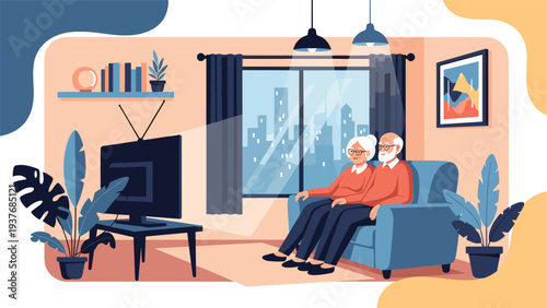 Senior couple relaxing comfortably on a blue sofa in their living room while watching television together in a cozy home environment.