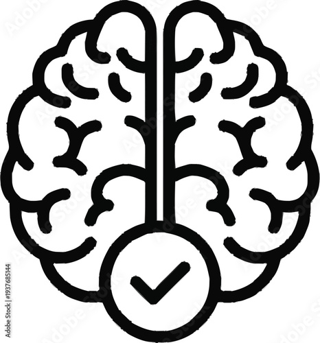 Mental health check icon with brain and checkmark symbol representing psychological wellness and cognitive assessment