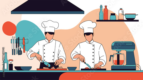 Two professional chefs in white uniforms preparing food and cooking in a modern commercial kitchen with various tools and appliances.
