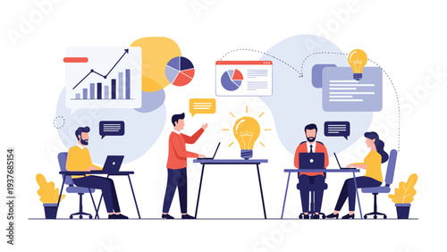 Diverse group of professional business people working on laptops around a large glowing lightbulb symbolizing innovation and creative ideas.