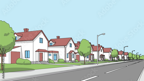 Perspective view of a clean and quiet suburban street lined with white houses with red roofs and green trees under a clear blue sky.