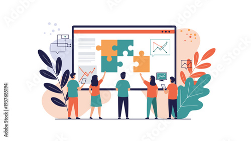 Team of colleagues working together to solve a jigsaw puzzle on a large monitor representing business problem solving and collaboration.