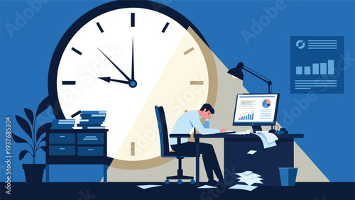 Overworked office employee sleeping at his desk at night in front of a giant illuminated clock showing long working hours and exhaustion.