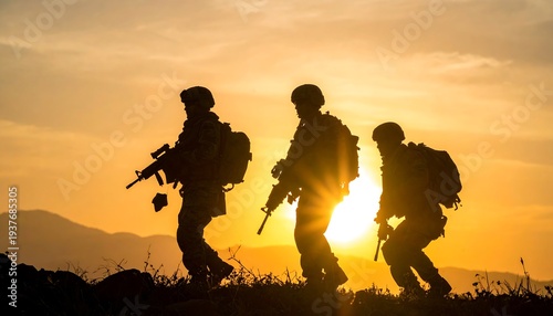 Silhouetted soldiers march against a sunset, carrying rifles in a rugged, outdoor environment