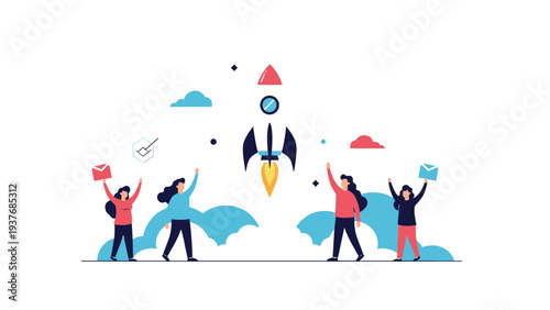 Dynamic business team working together to launch a rocket ship symbolizing the successful start of a new project or company venture.