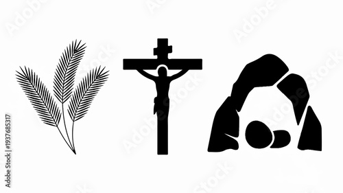 Black silhouettes of palm leaves crucifix and praying hands on white background symbolizing faith and spirituality