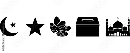 Islamic Cultural Icon Set: Crescent Moon, Star, Dates, Sadaqah Box, and Mosque Silhouette