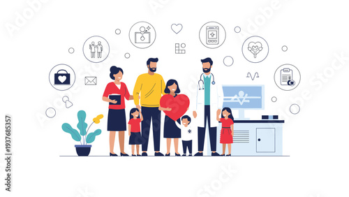 Healthcare professional standing with a happy family surrounded by various medical icons representing comprehensive family health and wellness services.