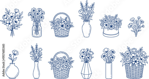 Blue floral bouquet line art collection, decorative flower arrangements in vases and baskets, hand drawn botanical vector illustration set