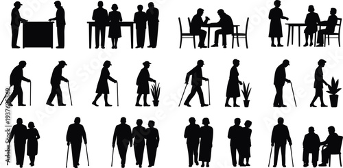 Elderly People Silhouette Collection with Seniors Walking, Using Cane, Sitting, and Socializing Isolated for Retirement and Lifestyle Design
