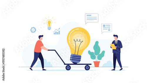 Innovative man pushing a giant lightbulb on a utility cart toward a professional colleague to share a new creative business idea.