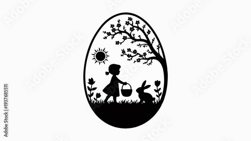Silhouette of a little girl picking flowers with a basket and a rabbit on a sunny day in spring