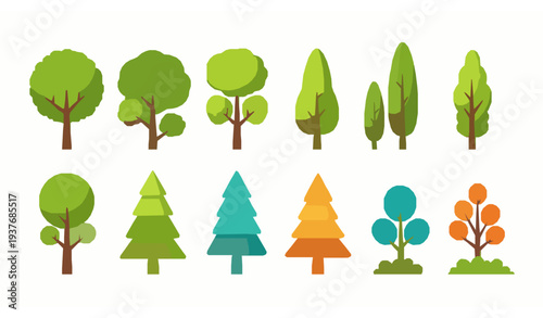 Collection of simple cartoon trees with different shapes and colorful foliage vector illustration set