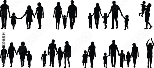 Family Silhouette Collection with Parents and Children Walking, Holding Hands, and Parenting Moments Isolated for Lifestyle Design