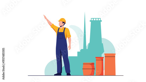 Professional industrial construction worker wearing a yellow hard hat and blue overalls stands against a technical background.