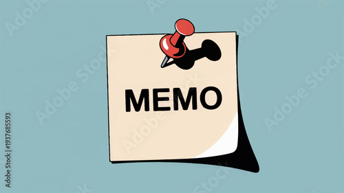 Sticky note with memo text and red push pin on blue background reminder or message concept
