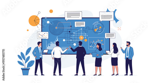 Group of business analysts studying complex data charts and graphs on a large interactive digital screen for strategic insights.