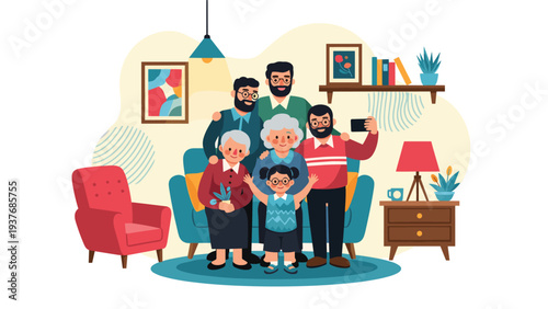 Happy multi-generational family group posing for a picture in a cozy living room with a grandmother, grandfather, and children.