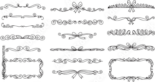 Doodle hand drawn trendy frame collection with swirls and wavy lines. Borders for wedding invitations, birthday card, lunch menus. Squiggly with bow and ribbon frames. Minimalist line art decorations