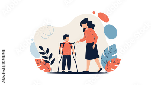 Supportive woman helping a young boy on crutches in a bright room showing rehabilitation and medical care for childhood injuries.