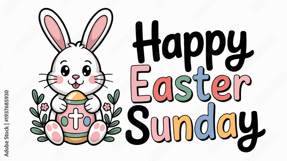 Fototapeta premium Cartoon bunny holds easter egg with cross surrounded by flowers happy easter sunday greeting