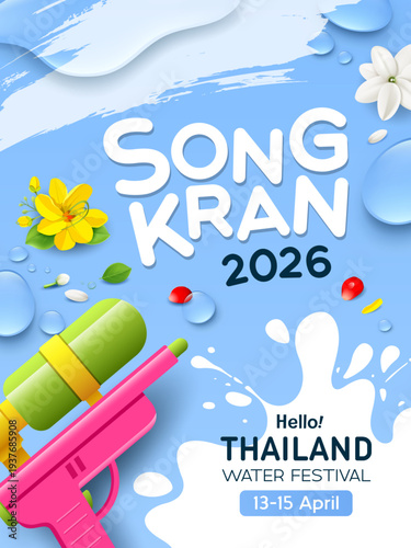 Songkran water festival, water gun, watersplash, clear water droplets, poster design light blue background