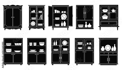 cupboard icon set. Kitchen cabinet icon set with cupboard shelf and kitchen storage