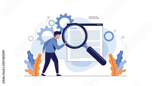 Man using a giant magnifying glass to carefully inspect a large document with text against a background of moving gears.