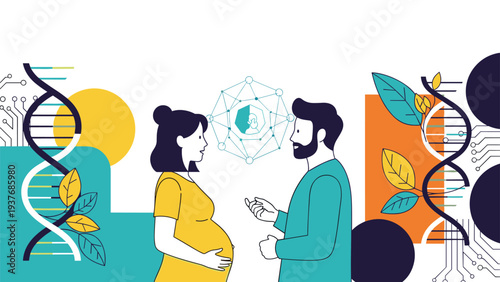 Expectant mother and partner discussing genetic health and prenatal care in front of biological DNA and cell research symbols.