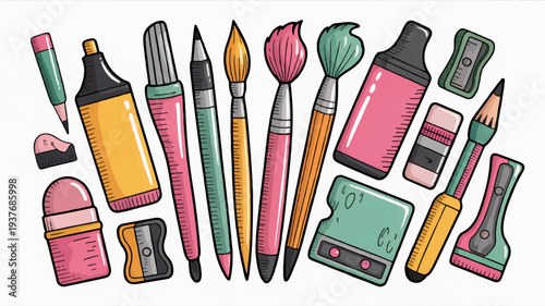 Colorful makeup brushes cosmetics and tools arranged neatly on a white background for beauty and makeup concepts