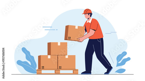 Logistics worker wearing a hardhat and carrying a cardboard box near a pallet in a warehouse, representing shipping services.