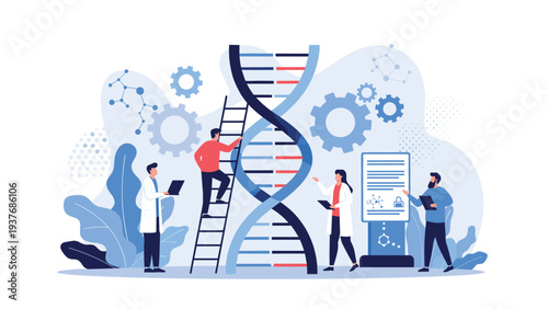 Scientists and researchers studying a large DNA helix model in a modern laboratory surrounded by scientific tools and data.