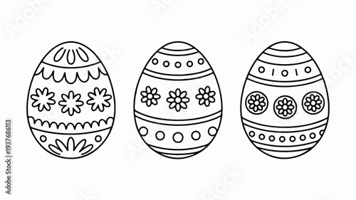 Three decorated easter eggs with floral patterns and stripes on a white background for coloring book pages