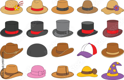 Clean Outline Vector Illustration Set of Trendy Headwear Featuring Fedoras Cowboy Hats Baseball Caps Sun Hats and Wizard Hat