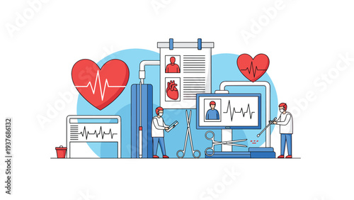 Medical professionals performing surgery or heart monitoring with digital equipment, patient records, and cardiac symbols.