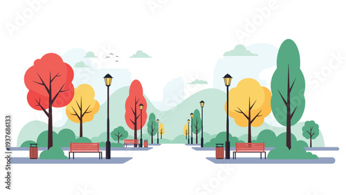 Serene landscape of a public city park with lush green trees, benches, street lamps, and a winding walking path for visitors.