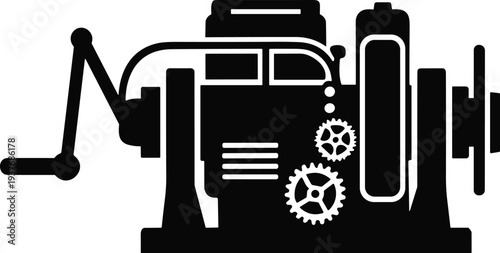 Mechanical engine silhouette illustration with gears, crank handle, piston, industrial machinery design concept for engineering, technology, manufacturing, and mechanical systems