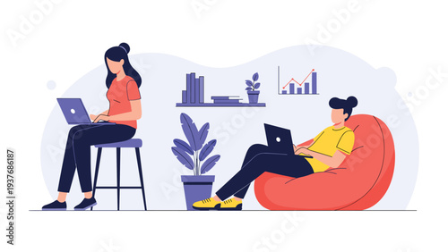 Two creative professionals working on laptops in a comfortable lounge with beanbags, plants, and data analytics on the wall.