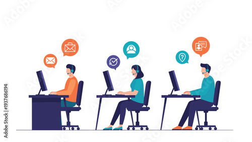 Group of customer service agents wearing headsets and working at computers to provide professional support and communication.
