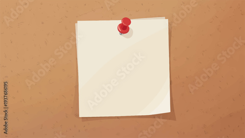 Blank white note pinned on brown bulletin board with red pushpin for reminders or messages