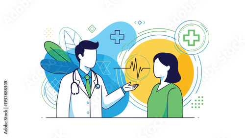 Professional male doctor in a white coat consulting with a female patient in a medical clinic with health symbols in the background.