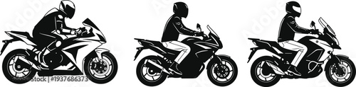 Set of three motorcycle riders in black and white silhouettes showing different riding styles from sportbike to touring adventure motorcycles.