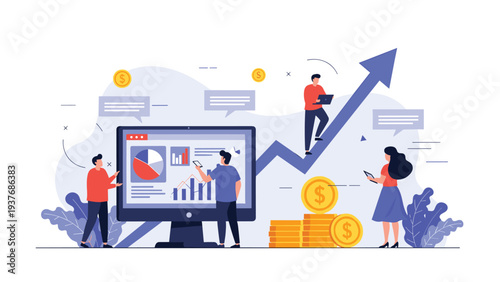 Business professionals analyzing a successful financial growth chart on a large computer monitor with stacks of gold coins.