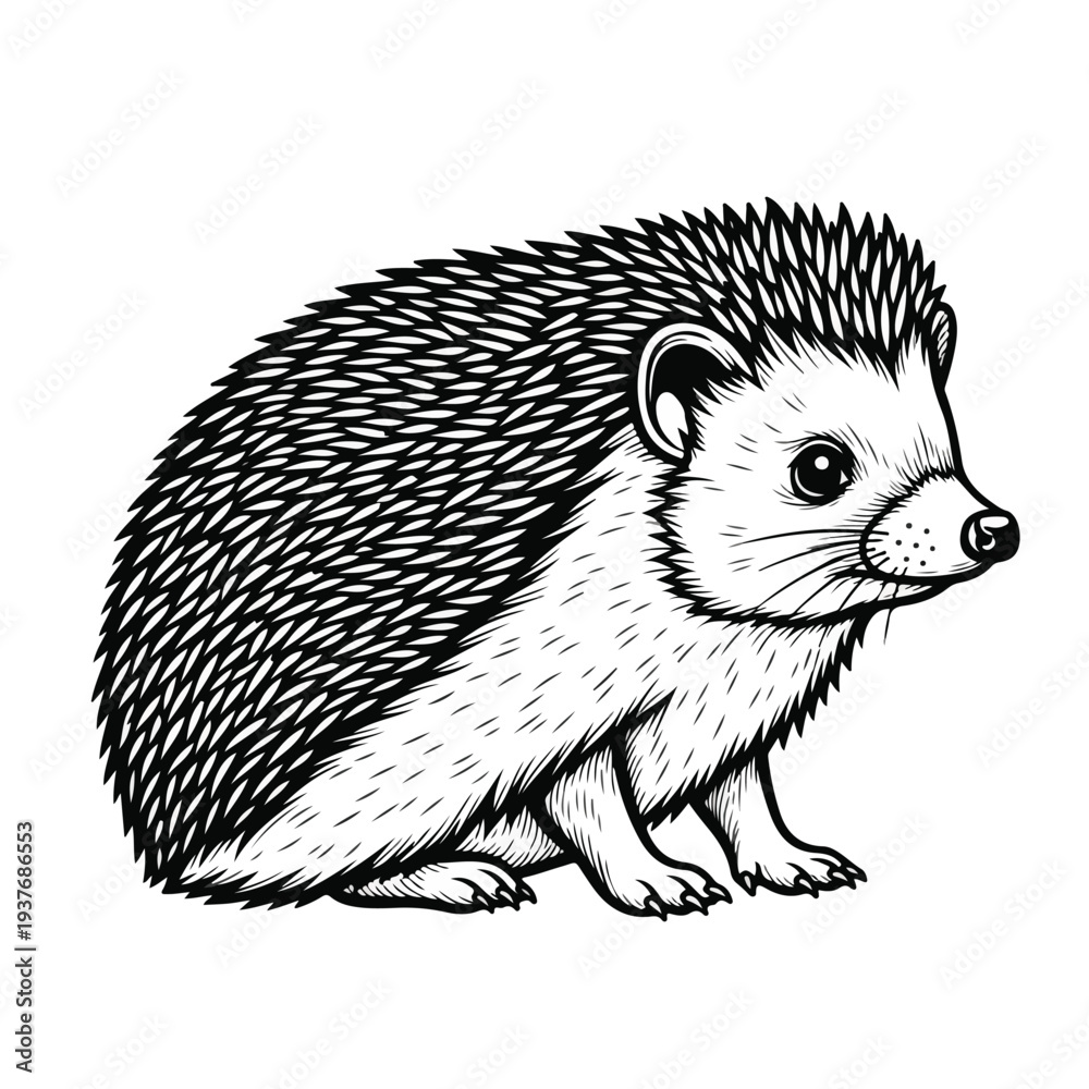 Naklejka premium Hedgehog illustration in black and white standing profile view